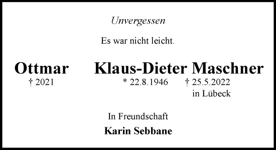 Traueranzeige von Ottmar  von MARKT Ratzeburg/Mölln