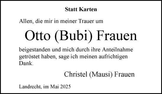 Traueranzeige von Otto Frauen von Norddeutsche Rundschau, Wilstersche Zeitung, Glückstädter Fortuna