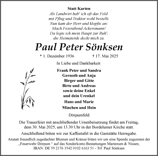 Traueranzeige von Paul Peter Sönksen von Husumer Nachrichten, Nordfriesland Tageblatt