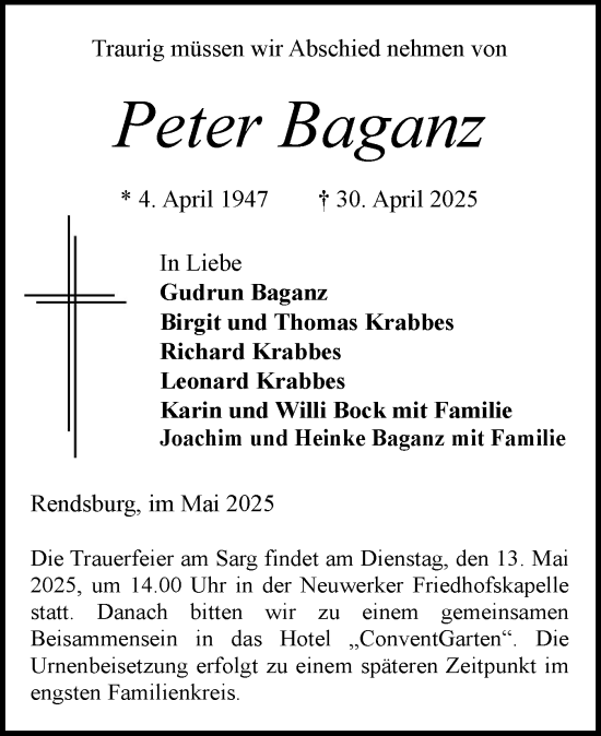 Traueranzeige von Peter Baganz von Schleswig-Holsteinische Landeszeitung