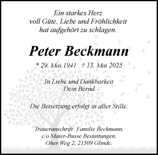 Traueranzeige von Peter Beckmann von MARKT Glinde/Reinfeld