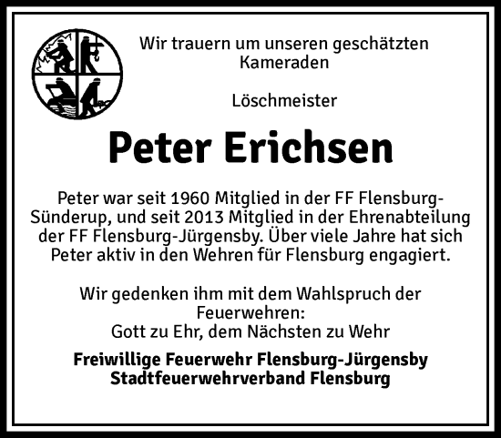 Traueranzeige von Peter Erichsen von Flensburger Tageblatt