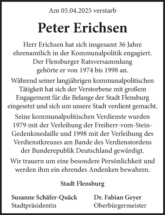 Traueranzeige von Peter Erichsen von Flensburger Tageblatt