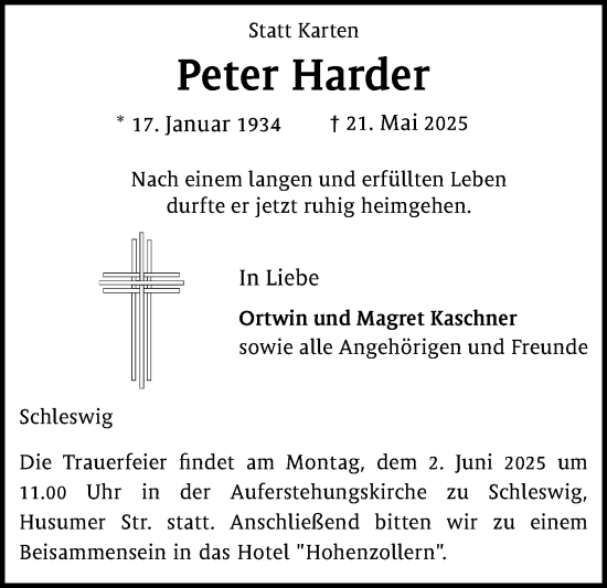 Traueranzeige von Peter Harder von Schleswiger Nachrichten, Schlei-Bote