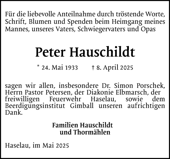 Traueranzeige von Peter Hauschildt von Uetersener Nachrichten, Der tip am Wochenende