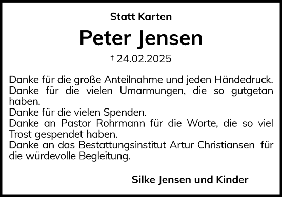 Traueranzeige von Peter Jensen von Husumer Nachrichten, Nordfriesland Tageblatt