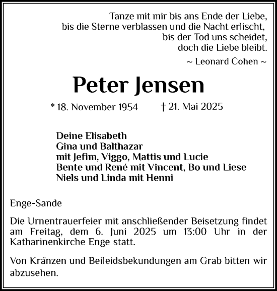 Traueranzeige von Peter Jensen von Husumer Nachrichten, Nordfriesland Tageblatt