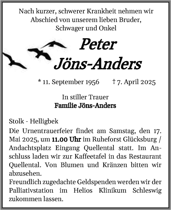 Traueranzeige von Peter Jöns-Anders von Flensburger Tageblatt, Schleswiger Nachrichten, Schlei-Bote