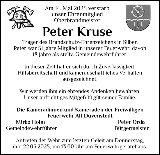 Traueranzeige von Peter Kruse von Schleswig-Holsteinische Landeszeitung
