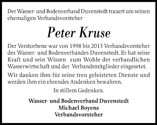 Traueranzeige von Peter Kruse von Schleswig-Holsteinische Landeszeitung