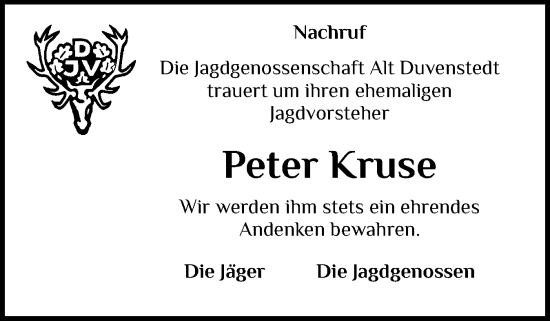 Traueranzeige von Peter Kruse von Schleswig-Holsteinische Landeszeitung