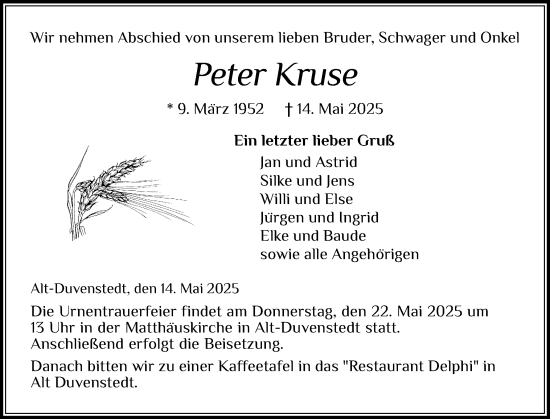 Traueranzeige von Peter Kruse von Schleswig-Holsteinische Landeszeitung