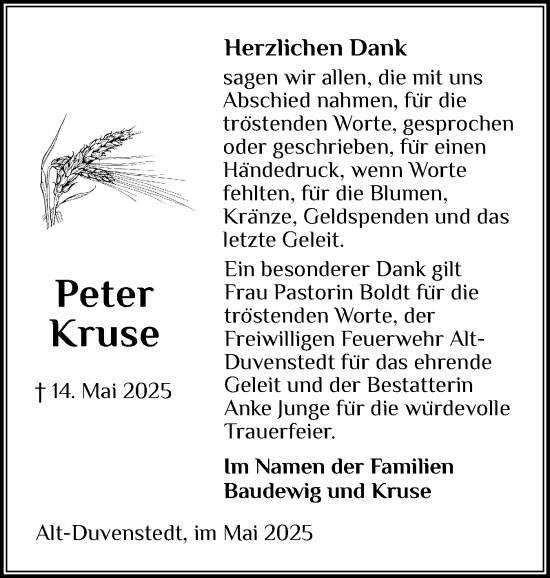 Traueranzeige von Peter Kruse von Schleswig-Holsteinische Landeszeitung