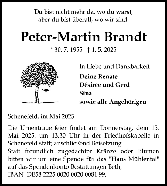 Traueranzeige von Peter-Martin Brandt von Norddeutsche Rundschau, Wilstersche Zeitung, Glückstädter Fortuna