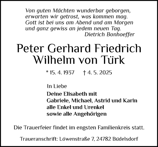Traueranzeige von Peter Gerhard Friedrich von Türk von Schleswig-Holsteinische Landeszeitung