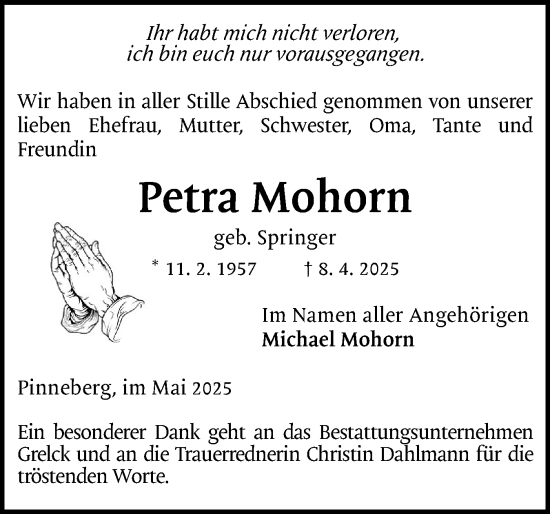 Traueranzeige von Petra Mohorn von Region Pinneberg und tip Pinneberg
