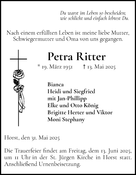 Traueranzeige von Petra Ritter von Elmshorner Nachrichten, Barmstedter Zeitung