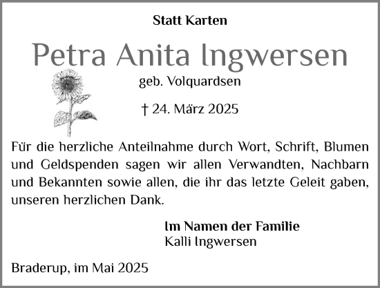 Traueranzeige von Petra Anita Ingwersen von Husumer Nachrichten, Nordfriesland Tageblatt