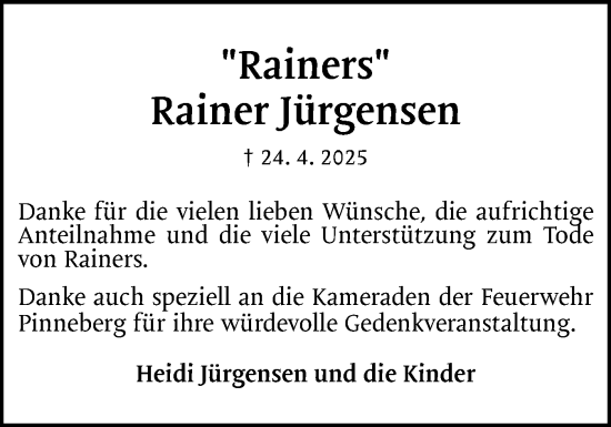 Traueranzeige von Rainer Jürgensen von Region Pinneberg und tip Pinneberg