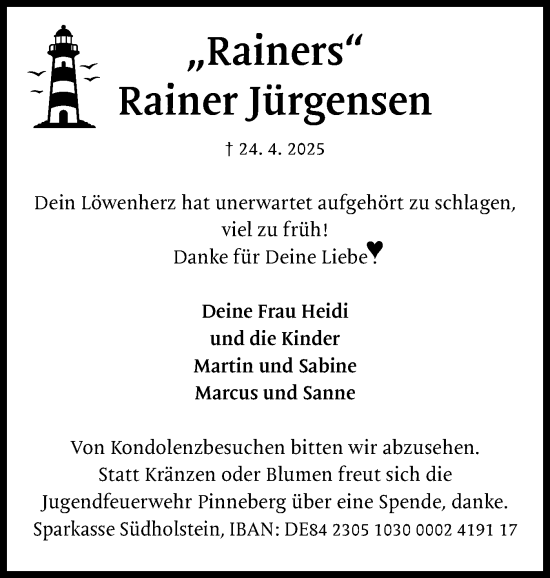 Traueranzeige von Rainer Jürgensen von Region Pinneberg und tip Pinneberg