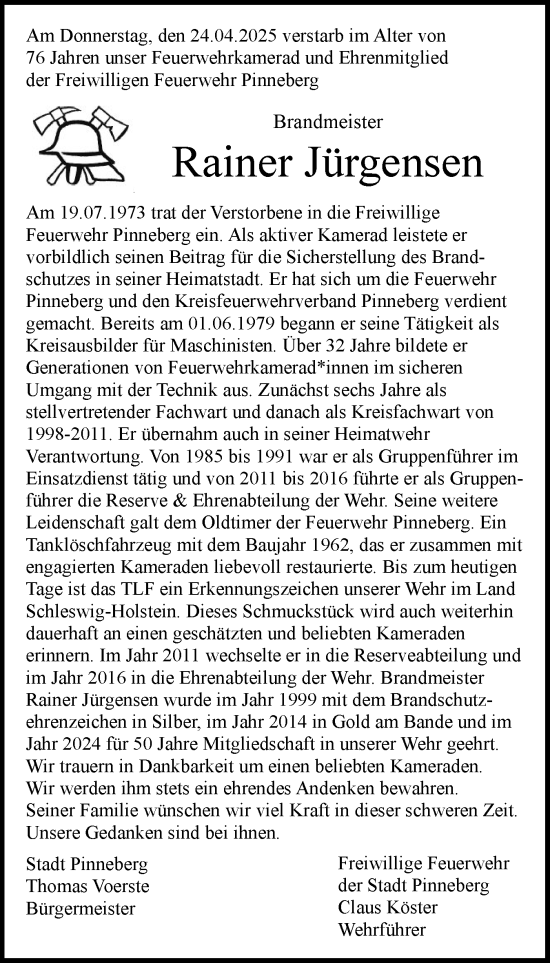 Traueranzeige von Rainer Jürgensen von Region Pinneberg und tip Pinneberg