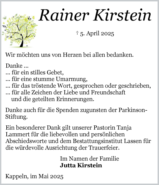 Traueranzeige von Rainer Kirstein von Die WochenSchau Gesamtausgabe