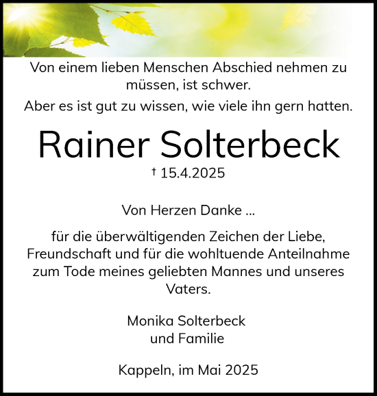 Traueranzeige von Rainer Solterbeck von Schleswiger Nachrichten, Schlei-Bote