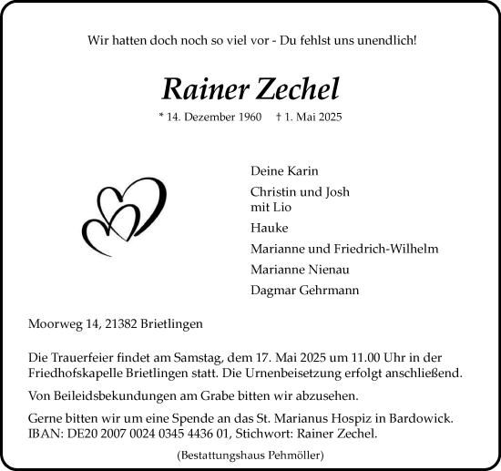 Traueranzeige von Rainer Zechlel von Wochenend Anzeiger