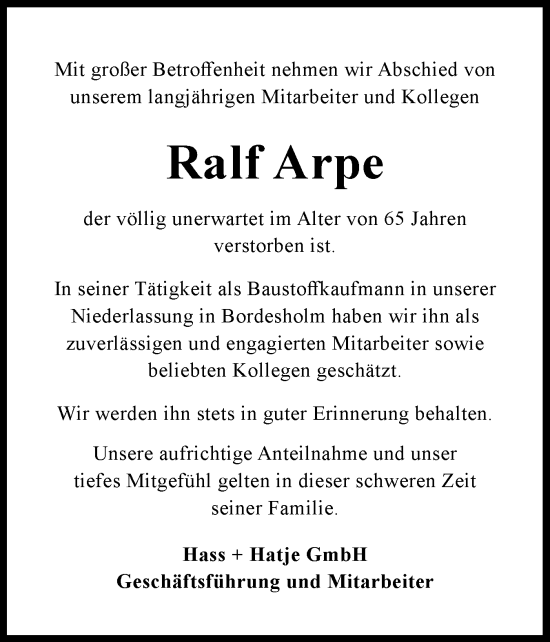 Traueranzeige von Ralf Arpe von Holsteinischer Courier