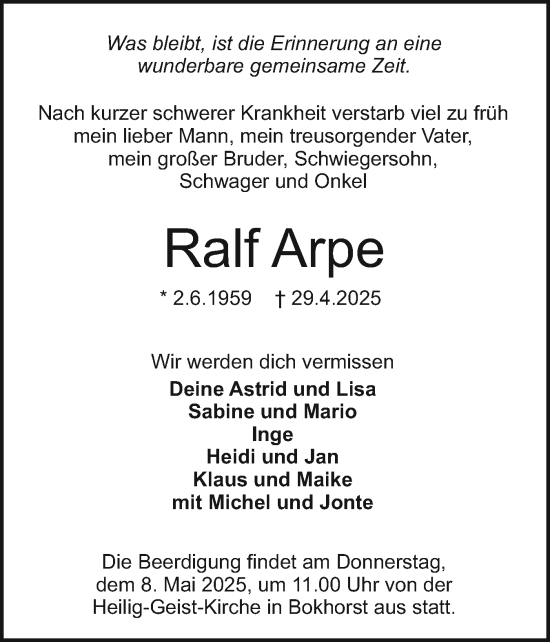 Traueranzeige von Ralf Arpe von Holsteinischer Courier