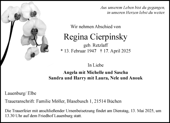 Traueranzeige von Regina Cierpinsky von Wochenend Anzeiger