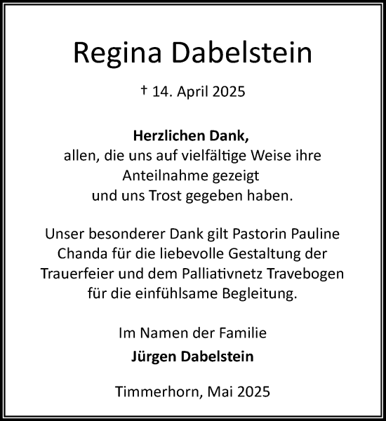 Traueranzeige von Regina Dabelstein von MARKT Ahrensburg/Bargteheide/Trittau und Stormarner Tageblatt