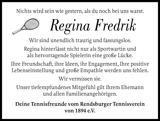 Traueranzeige von Regina Fredrik von Schleswig-Holsteinische Landeszeitung
