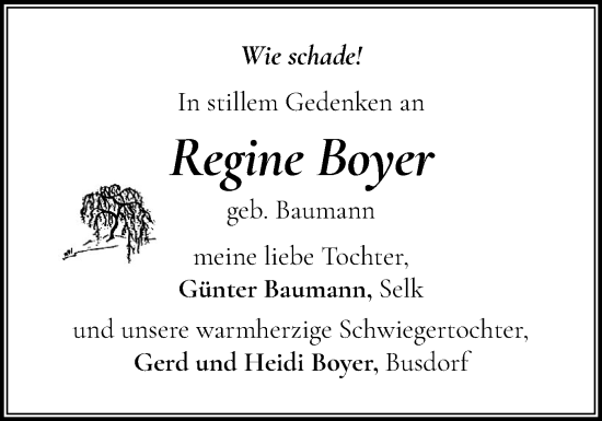 Traueranzeige von Regine Boyer von Schleswiger Nachrichten, Schlei-Bote