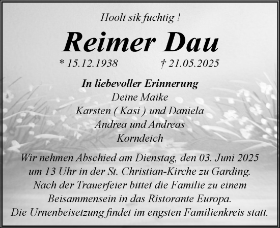Traueranzeige von Reimer Dau von Husumer Nachrichten, Nordfriesland Tageblatt