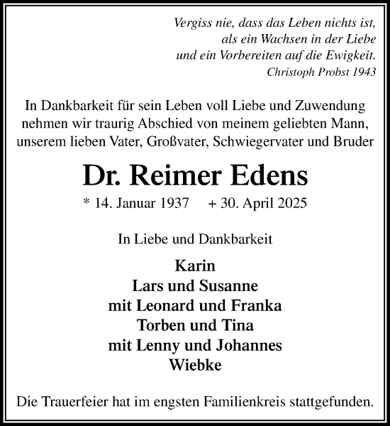 Traueranzeige von Reimer Edens von MARKT Ahrensburg/Bargteheide/Trittau und Stormarner Tageblatt