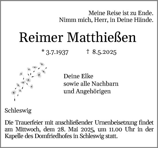 Traueranzeige von Reimer Matthießen von Schleswiger Nachrichten, Schlei-Bote