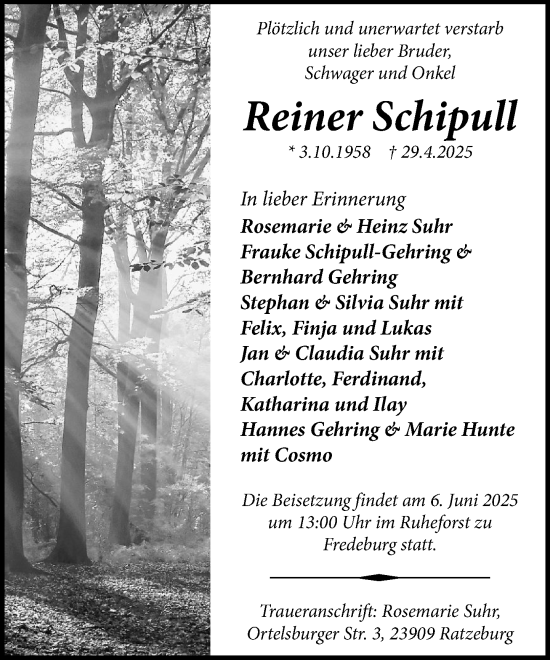 Traueranzeige von Reiner Schipull von MARKT Ratzeburg/Mölln