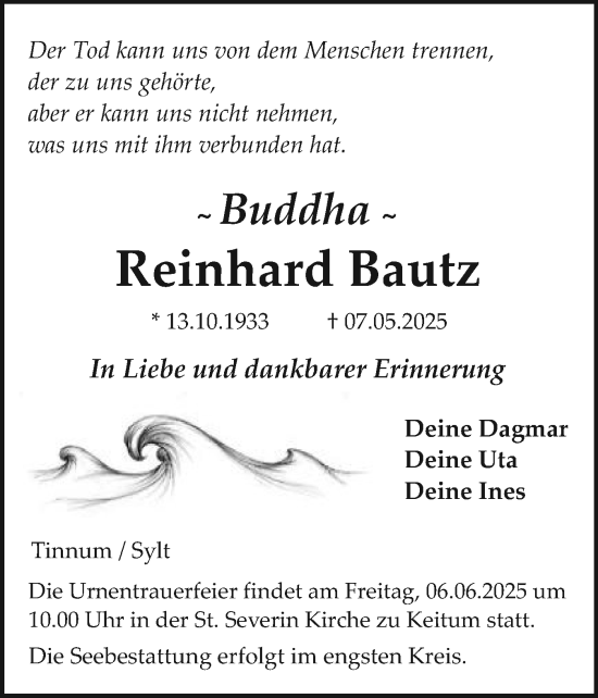Traueranzeige von Reinhard Bautz von Sylter Rundschau