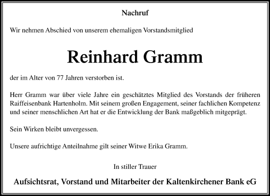 Traueranzeige von Reinhard Gramm von Umschau