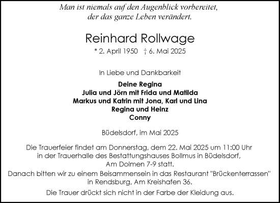 Traueranzeige von Reinhard Rollwage von Schleswig-Holsteinische Landeszeitung