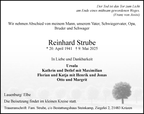 Traueranzeige von Reinhard Strube von Wochenend Anzeiger