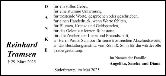 Traueranzeige von Reinhard Tramsen von Flensburger Tageblatt, Schleswiger Nachrichten, Schlei-Bote