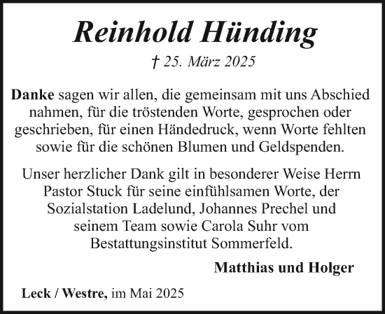 Traueranzeige von Reinhold Hünding von Husumer Nachrichten, Nordfriesland Tageblatt