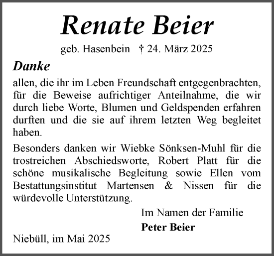 Traueranzeige von Renate Beier von Husumer Nachrichten, Nordfriesland Tageblatt