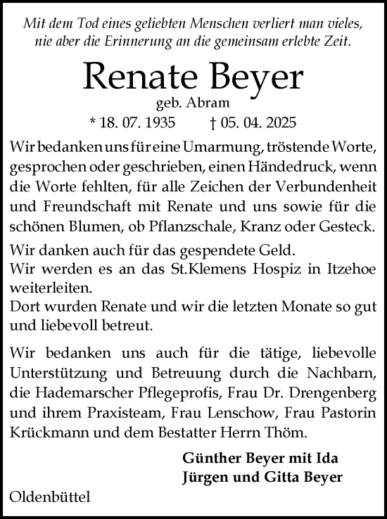 Traueranzeige von Renate Beyer von Schleswig-Holsteinische Landeszeitung
