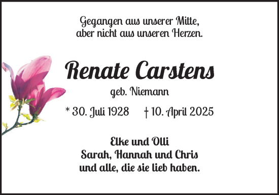 Traueranzeige von Renate Carstens von Region Pinneberg und tip Pinneberg