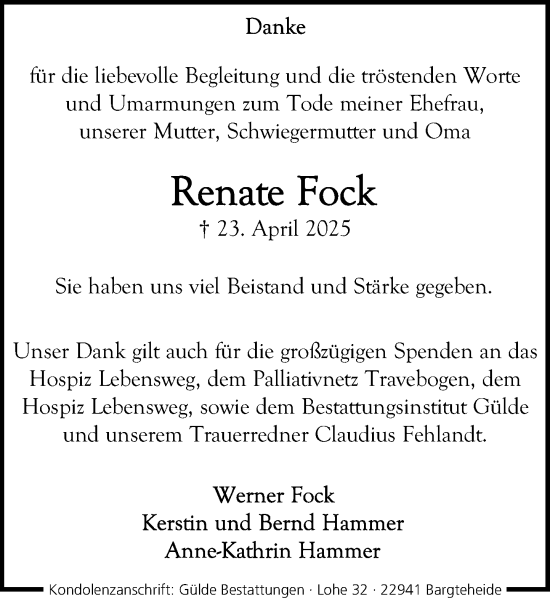 Traueranzeige von Renate Fock von MARKT Ahrensburg/Bargteheide/Trittau und Stormarner Tageblatt
