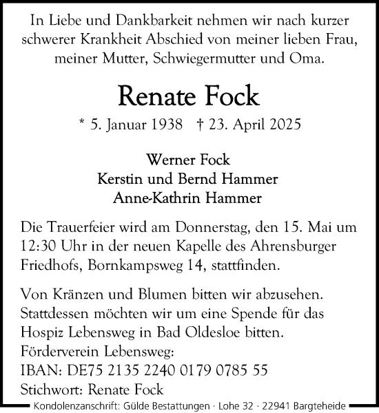 Traueranzeige von Renate Fock von MARKT Ahrensburg/Bargteheide/Trittau und Stormarner Tageblatt