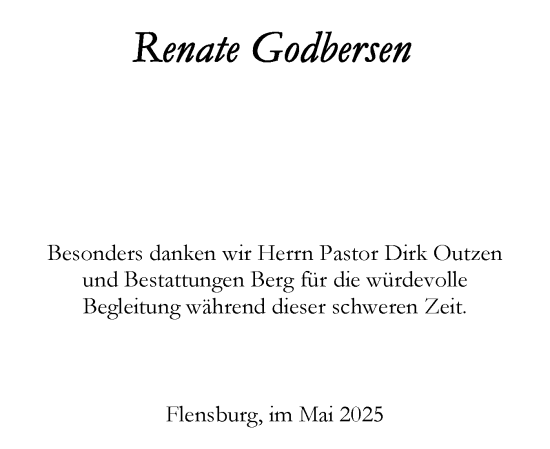 Traueranzeige von Renate Godbersen von Flensburger Tageblatt
